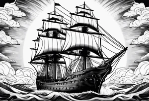 huge wooden ship with sun tattoo idea