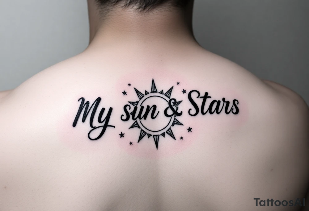 "My Sun & Stars" in script with a Sun and stars tattoo idea