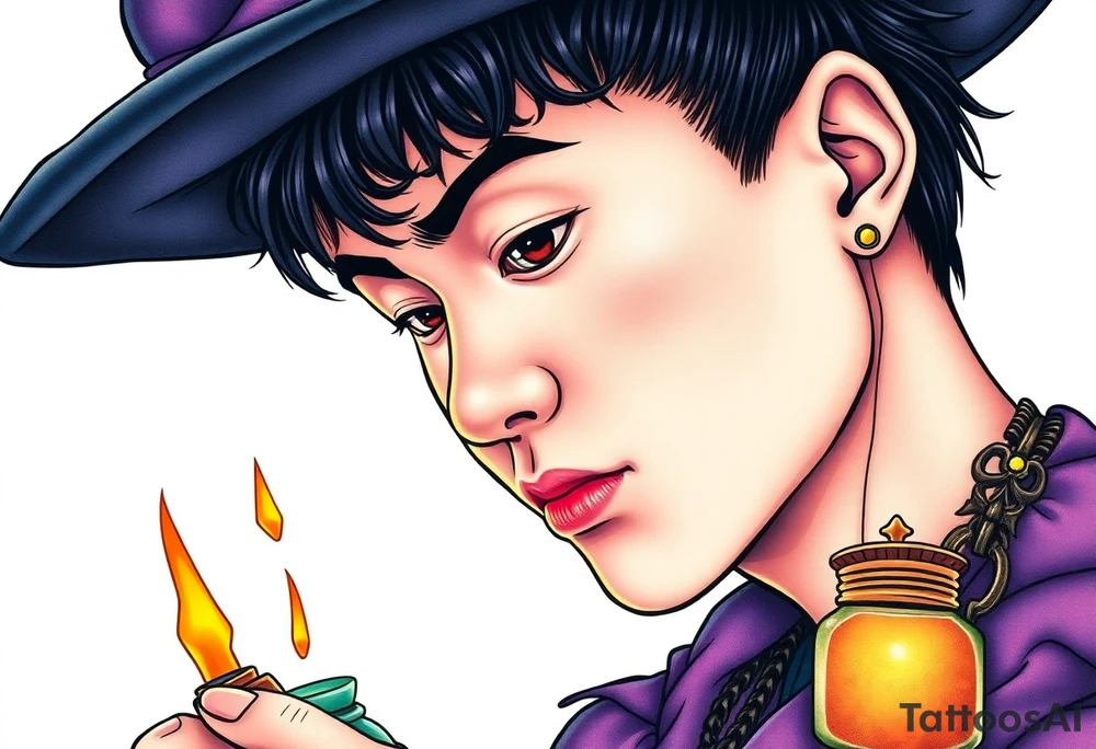Handsome Asian young adult guy is  accidentally stumbled upon witch tools, supplies, artifacts, potions and exploring it curiously tattoo idea
