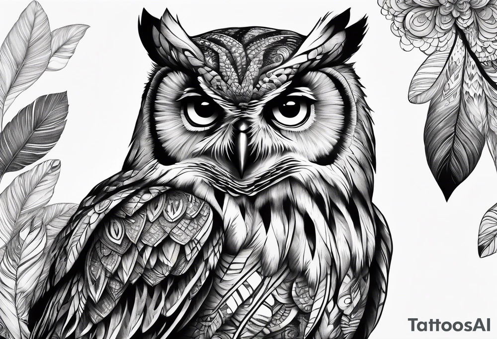 “A wise owl perched on a branch, with large, expressive eyes and intricate feather patterns, representing wisdom tattoo idea