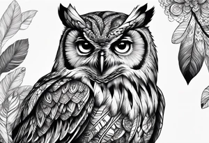 “A wise owl perched on a branch, with large, expressive eyes and intricate feather patterns, representing wisdom tattoo idea