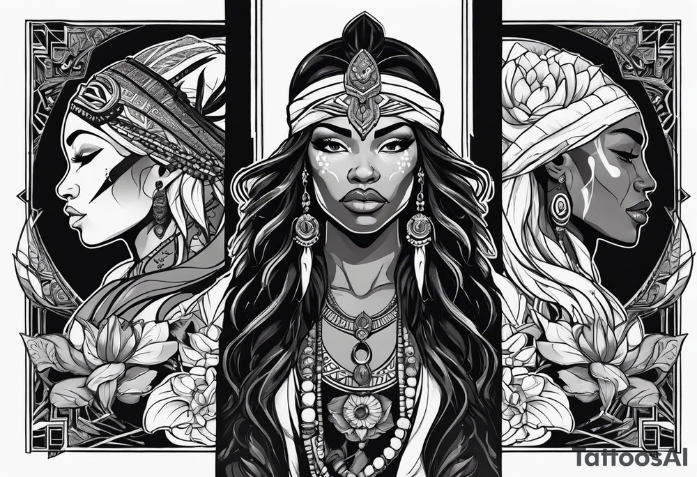 valkrye, kali, pirate, african goddess, , warrior, native american, lotus, zenza resonance, skulls, dragon, pachamama, left side face, chest, right wing, tattoo idea