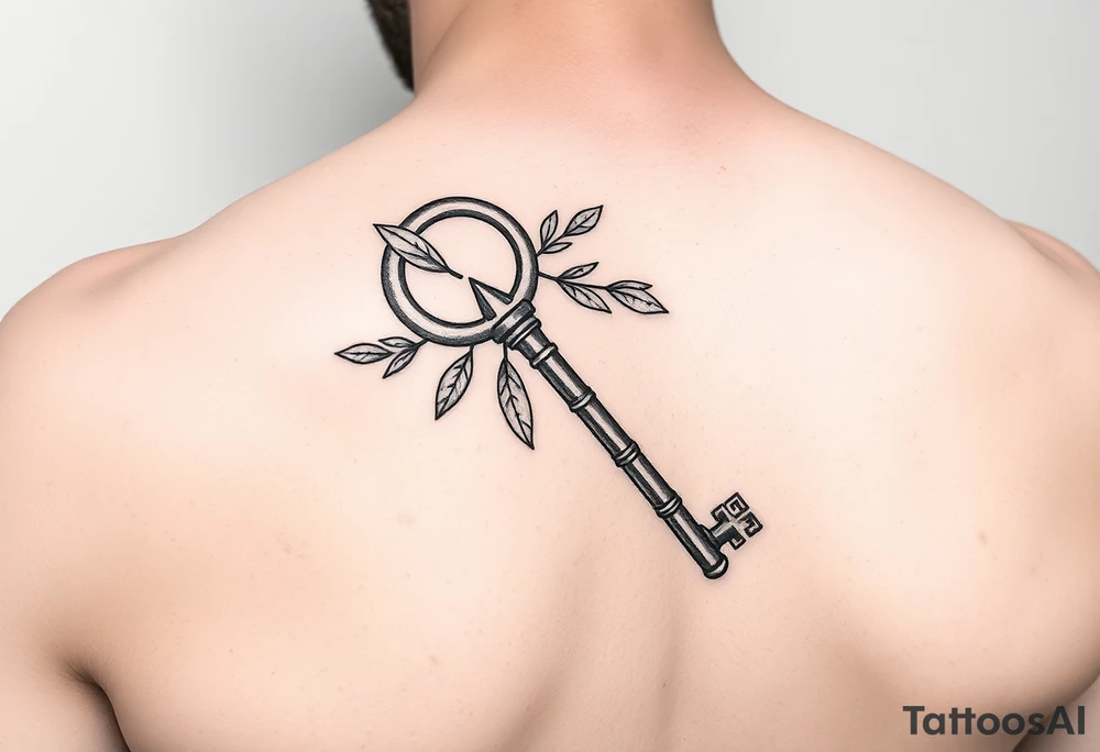 A metal key wrapped in olive leaves on the left arm tattoo idea