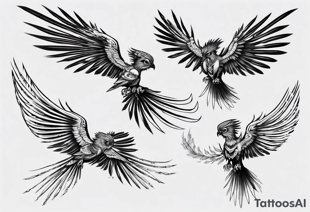 Cyberpunk Guatemalan Quetzal flying tattoo idea