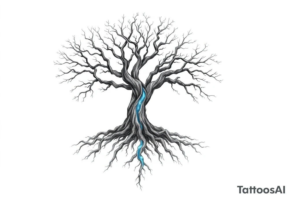 Black and white deciduos Tree with roots. Blue water inside the whole tree in many thin veins. flows from the brunches to the roots tattoo idea