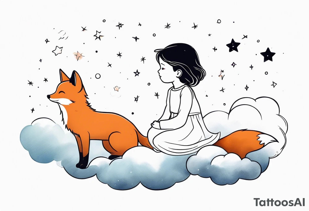 little girl with a fox sit side by side on a cloud and look at the stars like the petit prince tattoo idea