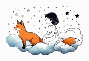 little girl with a fox sit side by side on  a cloud and look at the stars like the petit prince tattoo idea