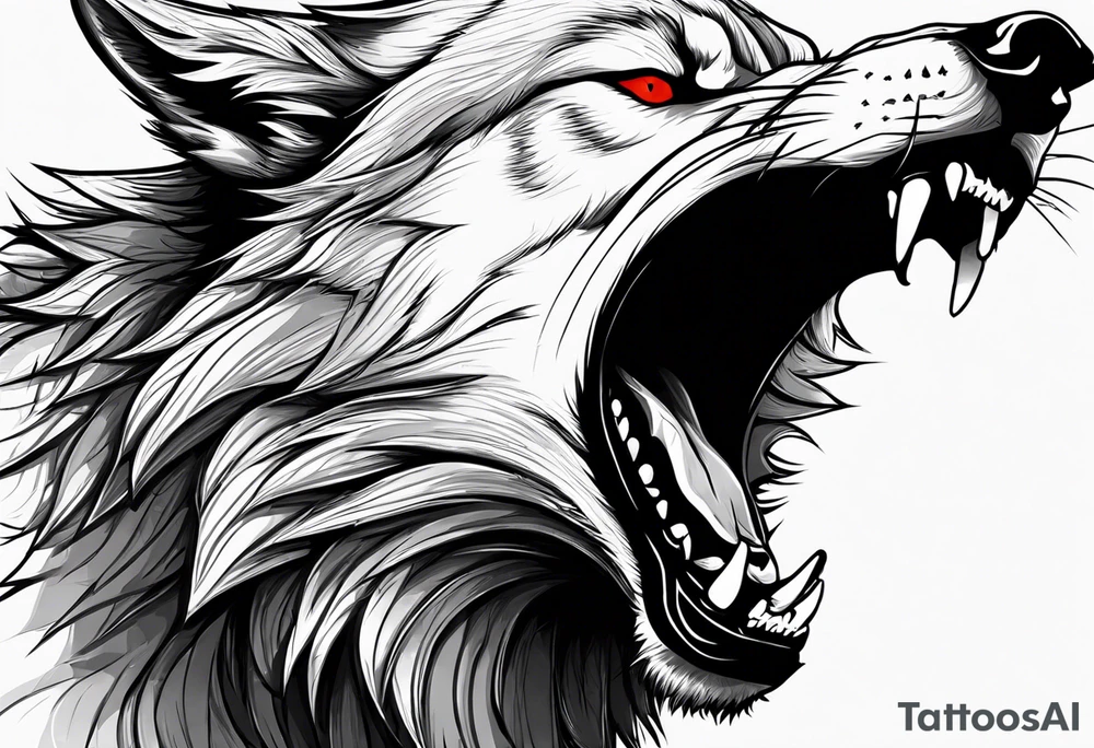 Create aggressive WOLF, with some blood coming out of his mouth and saliva. BLOOD IN THE BACKGROUND. Make it a drawing and use the image of reference. I am going to add. I want HIM TO BE ANGRY WITH RED EYES use VICIOUS WOLF THATS ANGRY tattoo idea
