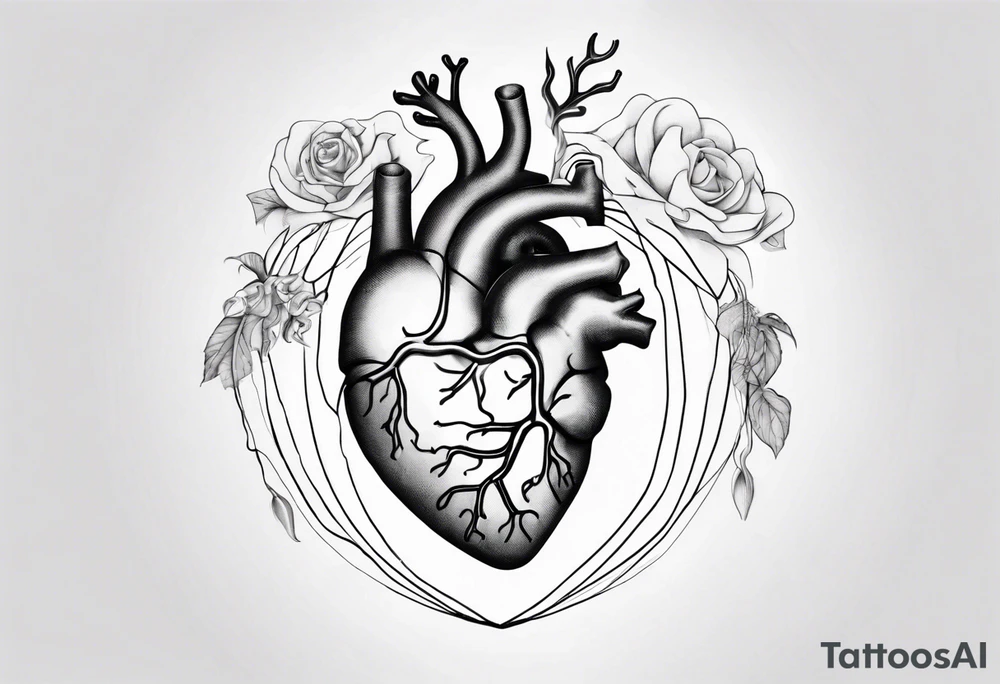 A simple line design anatomical heart and anatomical brain tied with balloon string being held by a woman's hand tattoo idea