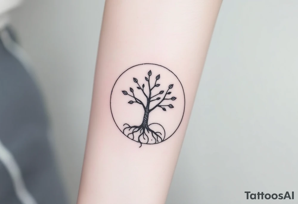 A tree inside of a circle, with few leaves, with an outward spiral line (moving to the right), as its roots, encircling the entire tree tattoo idea