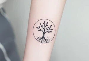 A tree inside of a circle, with few leaves, with an outward spiral line (moving to the right), as its roots, encircling the entire tree tattoo idea