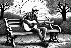 peaceful skeleton sitting on a park bench playing acoustic guitar on a cloudy night with a large full moon tattoo idea