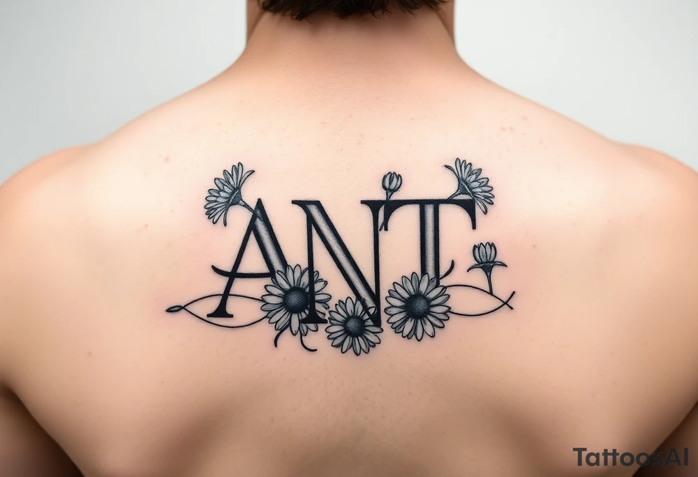 Small Fine line design monogram with overlapping letters A,N,T  with daisies tattoo idea
