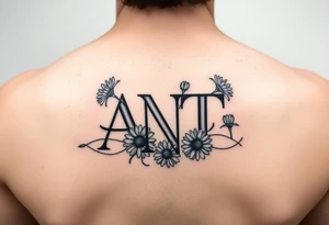 Small Fine line design monogram with overlapping letters A,N,T  with daisies tattoo idea