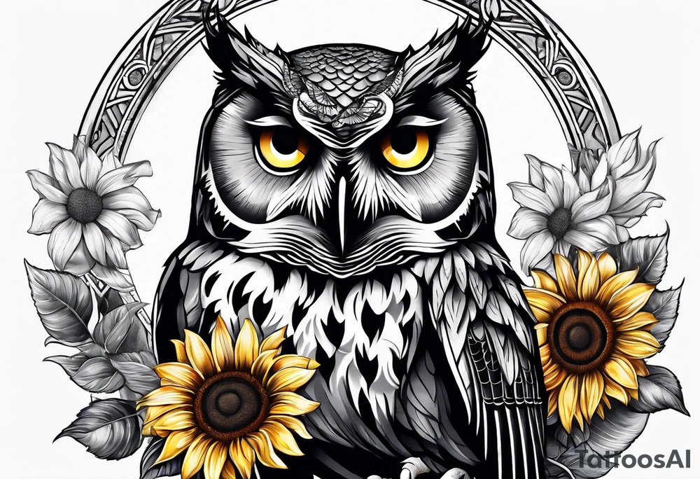 Sleeve with an owl, sunflower and butterfly tattoo idea