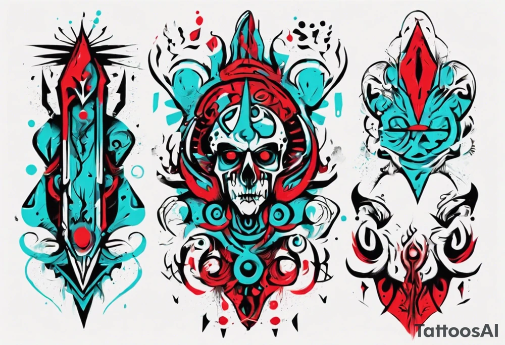 an art in the style of abstract, cutchulu, textured pigment planes, red and cyan, stencil art tattoo idea