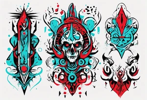 an art in the style of abstract, cutchulu, textured pigment planes, red and cyan, stencil art tattoo idea