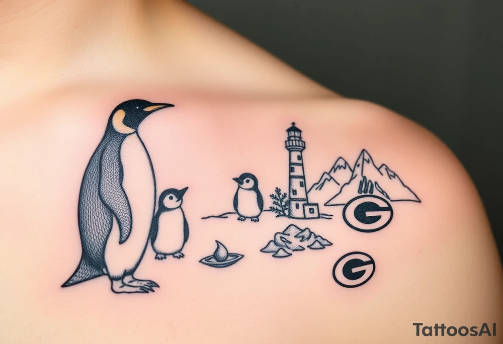 compilation outlining important things in my life such as one adult emperor penguin and 3 baby penguins, celtic trinity knot, lighthouse, mountains/nature, the green bay packers, and something to represent my 3 boys tattoo idea