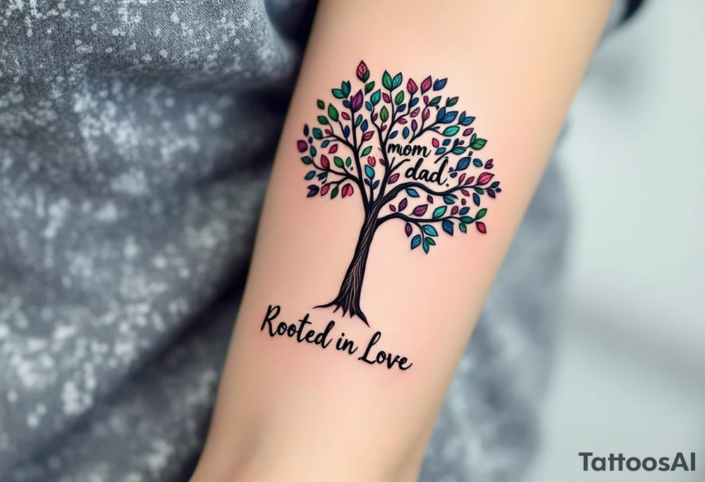 A black ink tree with leaves written with "mom" "dad" in shades of green, pink, and blue, with “Rooted in Love” at the base. tattoo idea
