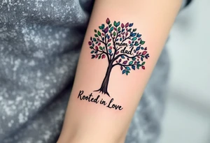 A black ink tree with leaves written with "mom" "dad" in shades of green, pink, and blue, with “Rooted in Love” at the base. tattoo idea