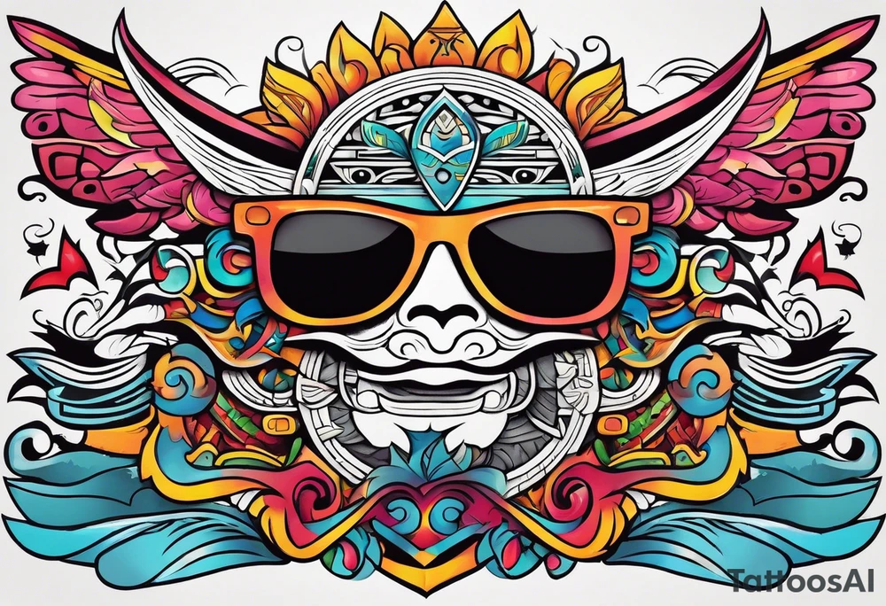 Colorful Mayan hieroglyph wearing sunglasses with waves and bats tattoo idea
