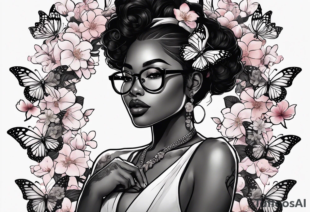Black dark-skinned Female with glasses with butterflies and sakura blossoms around her with the lettering " Nisha " Underneath. tattoo idea