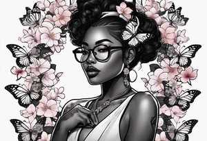 Black dark-skinned Female with glasses with butterflies and sakura blossoms around her with the lettering " Nisha " Underneath. tattoo idea