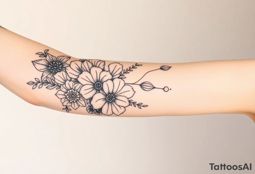 floral composition with japanese vibe, mutiple ornemental patern and leaf, dot geometric ornement, lycoris tattoo idea