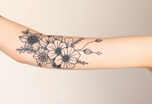 floral composition with japanese vibe, mutiple ornemental patern and leaf, dot geometric ornement, lycoris tattoo idea