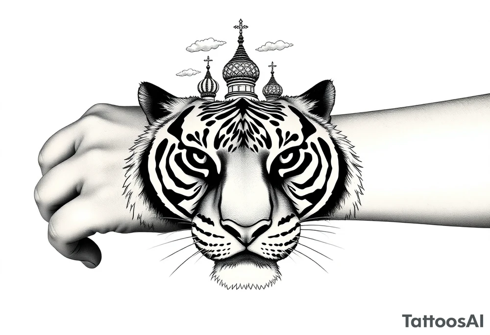 Realistic tiger face on the back of the hand with strong contrast and fine detail with hollow black eyes. with a highly detailed Russian Orthodox cathedral sitting above on fore arm with onion domes and orthodox crosses, done in fine line, engraving-like style. Cohesive composition, black ink only, no color, high contrast, slightly aged, documentary-style, plain light background. with clouds above and a virgin mary tattoo idea