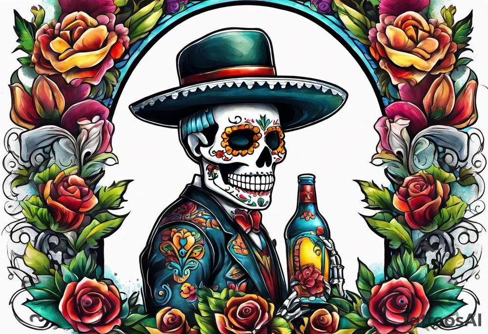 Mexico day of dead  man standing
 skeleton drink tattoo idea