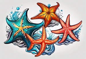 set of 3 star fish of with 3 different bright colors and 3 different shapes mixed with brightly covered salmon tattoo idea