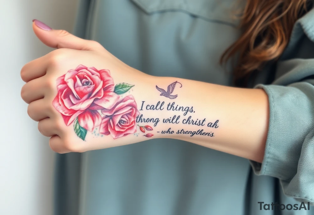 mary king and the bible verse “i can do all things through christ who strengthens me” and the verse with roses and an angel tattoo idea
