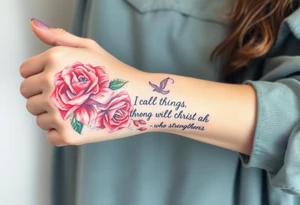 mary king and the bible verse “i can do all things through christ who strengthens me” and the verse with roses and an angel tattoo idea