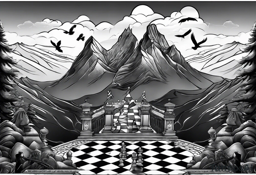 chessboard with king and queen piece, background in a mountain and ravens. tattoo idea