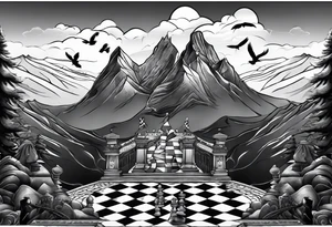 chessboard with king and queen piece, background in a mountain and ravens. tattoo idea