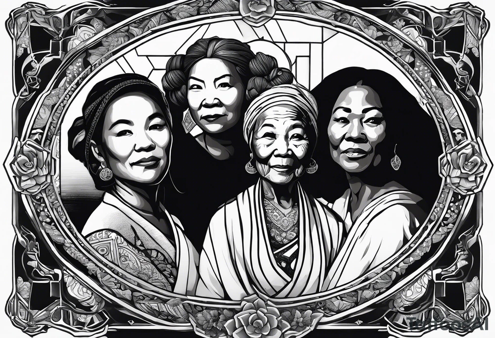 three  people side by side. a really really young black Daughter on the left, a wight mother in the middle, really really old asian grandmother on the right. greater age difference, in an artfully decorated frame tattoo idea