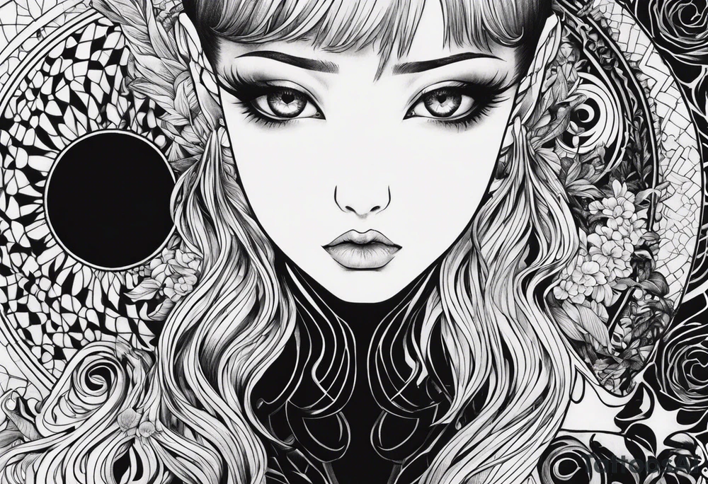 Une image style tattoo du personnage Tomie de Junji ito avec des détails lié a son univers sur les cotés comme des spira tattoo idea