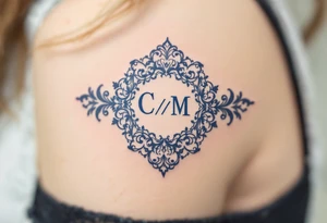 Victorian Lace Monogram – Ivory and dusty blue “C / M” styled in ornate vintage typography with lace-like borders. tattoo idea