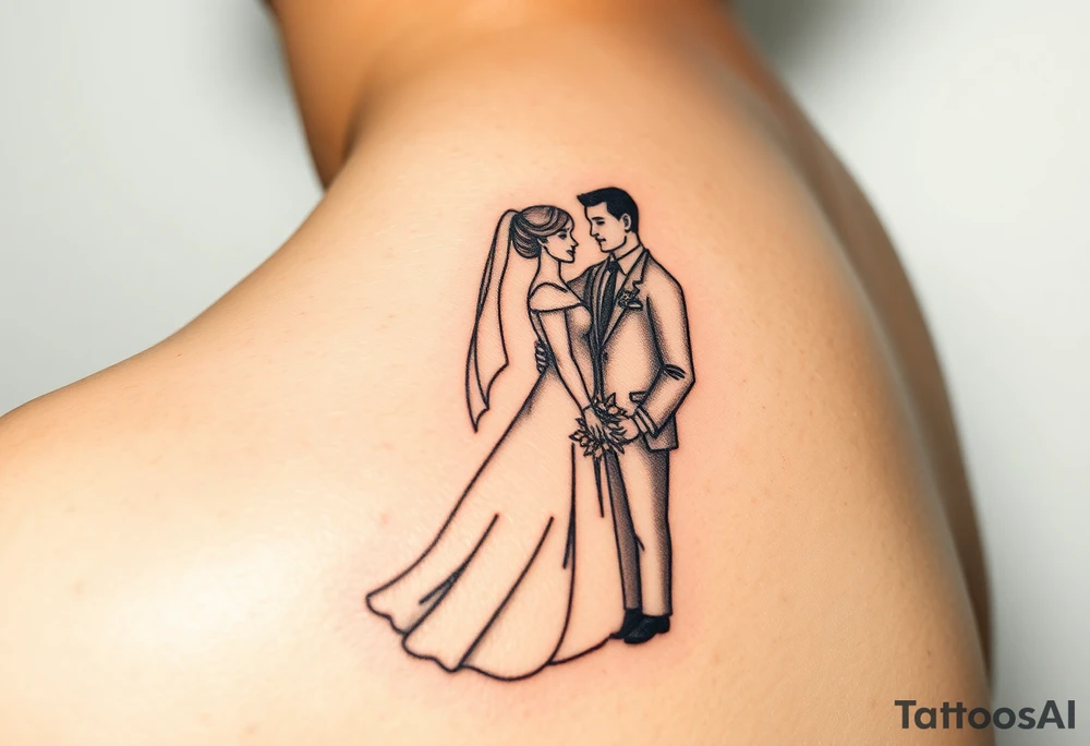 A softly shaded vintage-style illustration of a bride and groom, with sepia tones for an old-world charm tattoo idea