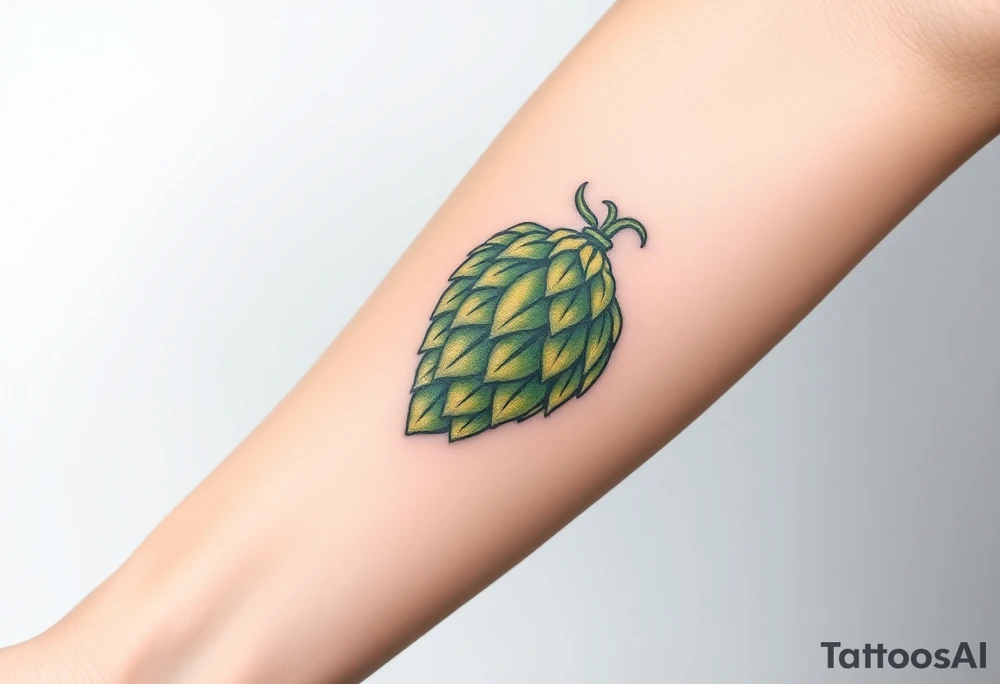 A detailed hop cone with deep green and golden hues, wrapped in barley stalks, symbolizing the essence of brewing tattoo idea