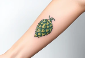 A detailed hop cone with deep green and golden hues, wrapped in barley stalks, symbolizing the essence of brewing tattoo idea