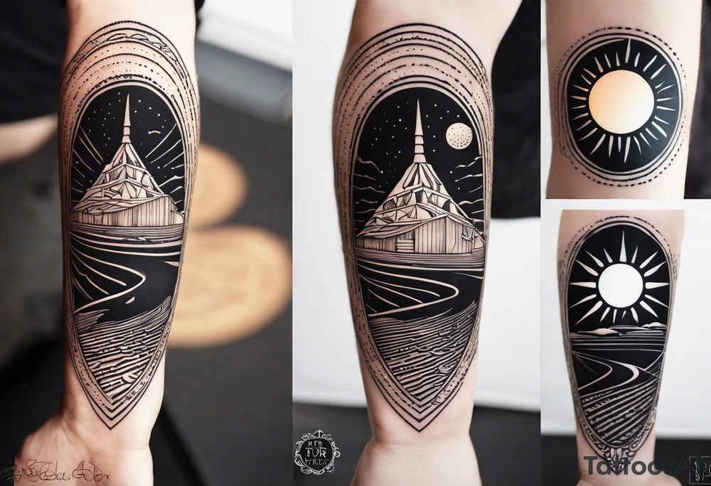 down the outside of the arm starting with a 3d solar representation of 10/01/2011, linear down to a rice grain representation, stylized sun with L.A.R hidden in it, a mischievous pixie or sprite with E.J.R hidden it in tattoo idea