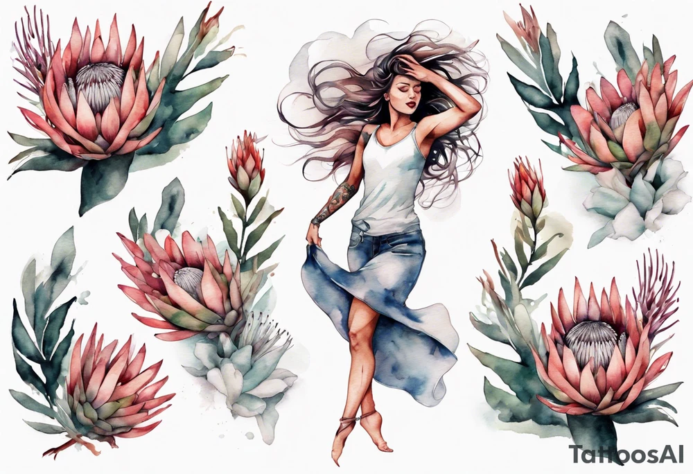 Very feminine tattoo with a woman dancing in a wind of protea flowers tattoo idea
