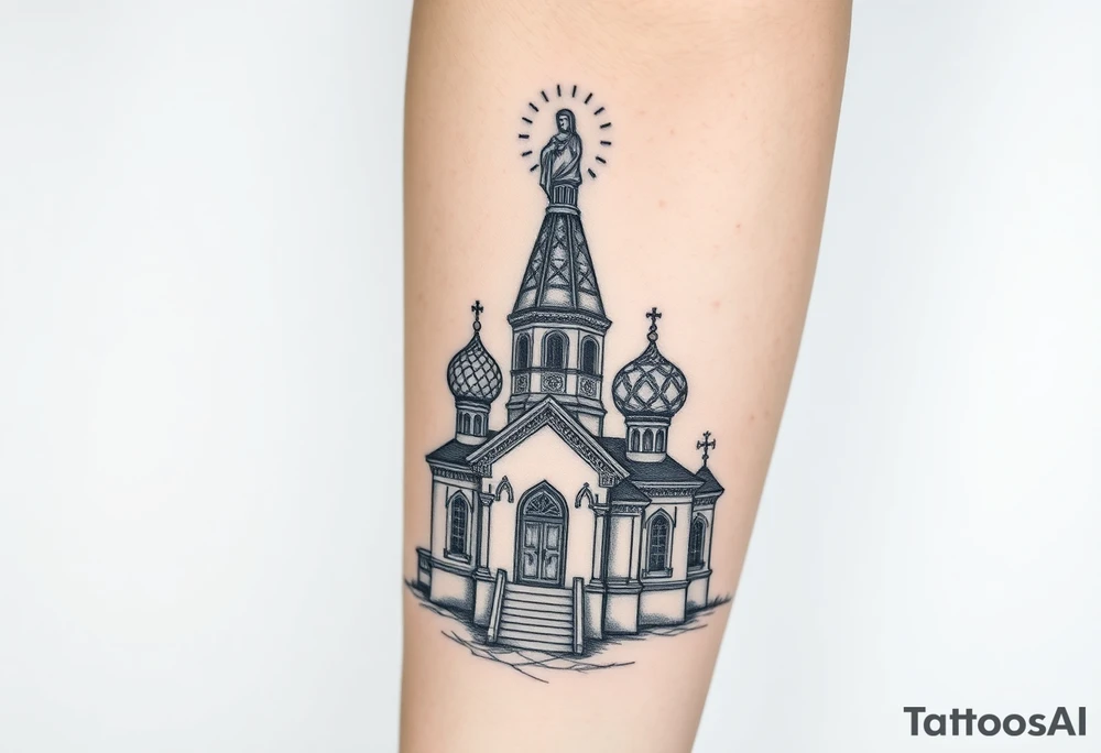 in a dorsal view a detailed medium sized country style russian orthodox church with onion domes and a band at the front with mist shrouding the top and fading into a virgin mary overlooking above at the top tattoo idea