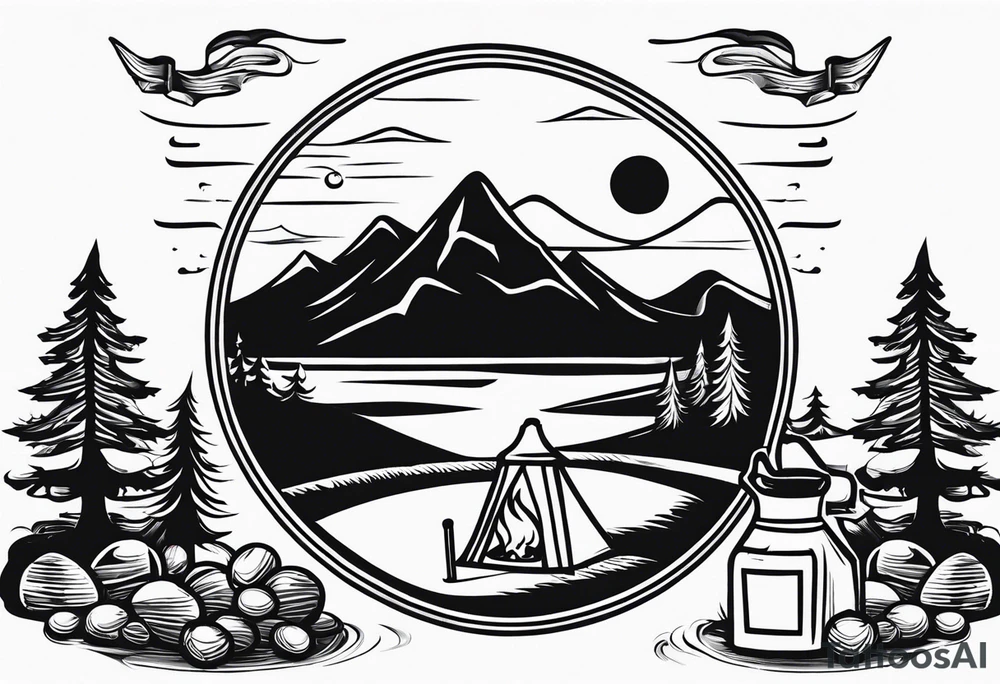 cross, campfire, golf , whiskey glass, cabin tattoo idea