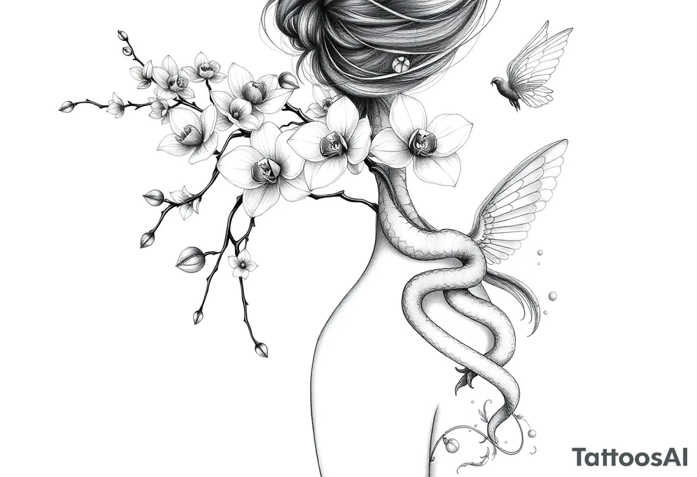 Orchid or cherry blossom tree and lotus and snake and angels on a woman tattoo idea