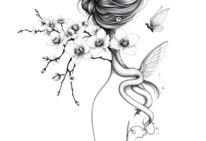 Orchid or cherry blossom tree and lotus and snake and angels on a woman tattoo idea