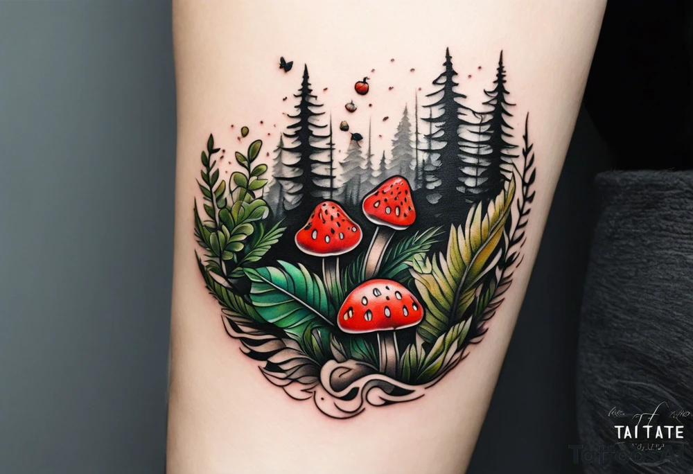 forest floor inspired minimalist tattoo, which includes grass, curly ferns and dead leaves as the bulk of the tattoo. details to include: three very tiny strawberries, a tiny bumblebee flying nearby, three small brown mushrooms tattoo idea