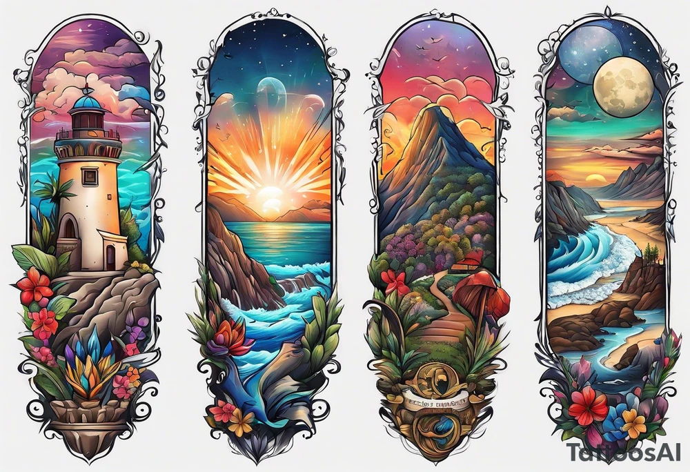 california theme upper arm sleeve tattoo idea